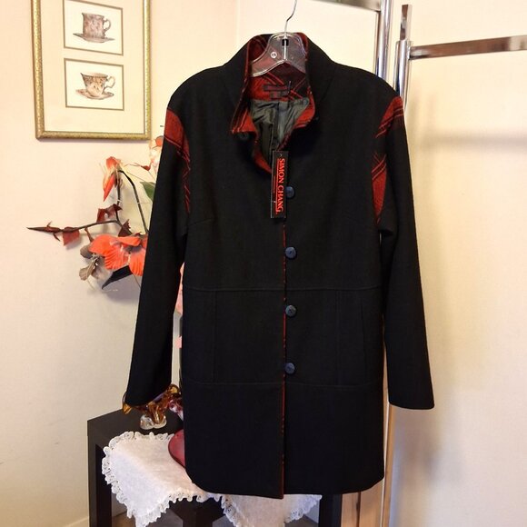 NWT Simon Chang Women's Black Wool Blend Lined Jacket Pea Coat Warm Outerwear L - Picture 8 of 13